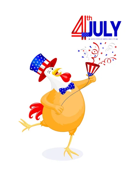 Amerikan Şapka Kağıt Ateş Ile Sevimli Karikatür Tavuk Amerika Vatanseverlik — Stok Vektör