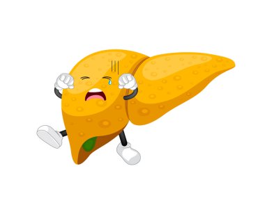 Siren ile yağlı karaciğer karakteri. İç organ, hastalık veya olumsuz sağlık üzerindeki etkisi nedeniyle bakım veya tıbbi tedavi gerektirir. Beyaz arka planda yalıtılmış çizim.