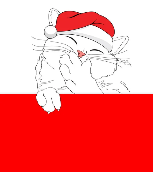 Style Dessin Main Chat Avec Chapeau Rouge Père Noël Illustration — Image vectorielle