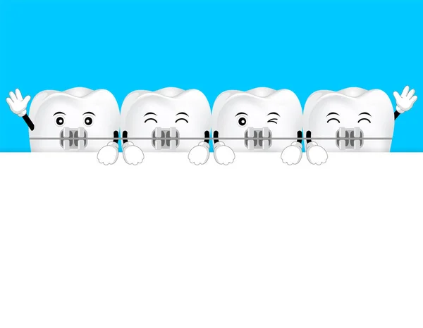 Lindos Dientes Dibujos Animados Aparatos Ortopédicos Con Área Texto Concepto — Archivo Imágenes Vectoriales