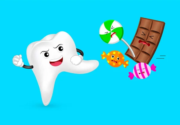 Cute Cartoon Charakter Zębów Atakuje Niezdrowe Jedzenie Czekolada Słodycze Koncepcja — Wektor stockowy