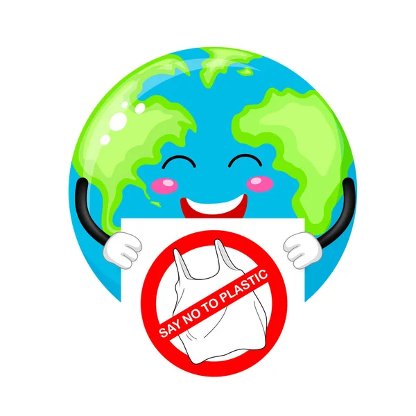 プラスチックにノーと言うサインを保持する漫画の地球儀の文字 地球温暖化の概念 白い背景に分離されたイラスト — ストックベクタ