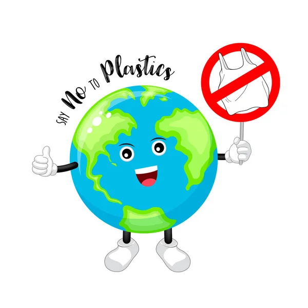 卡通地球人物持有标志 对塑料说不 全球变暖概念 在白色背景上隔离的插图 — 图库矢量图片