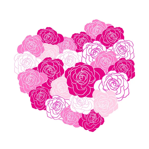 Růžové Růže Tvaru Srdce Silueta Styl Obrysu Vektorová Ilustrace Izolovaná — Stockový vektor