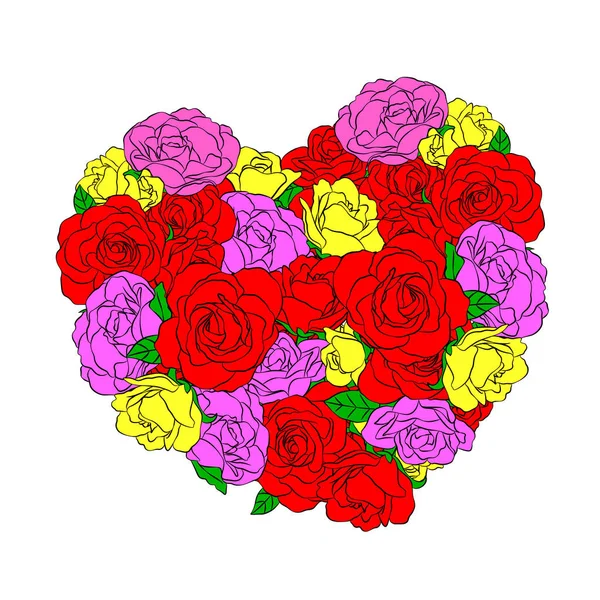 Rosas Coloridas Forma Coração Silhueta Estilo Esboço Ilustração Vetorial Isolada — Vetor de Stock