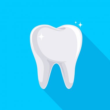 Uzun gölgeli diş. Simge tasarımı, düz stil. Mavi arka planda yalıtılmış çizim.