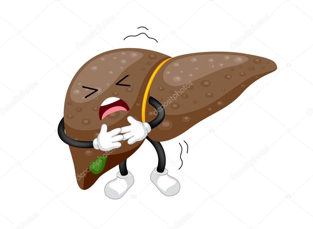 Unhealthy liver cartoon character. Internal organ requires care or medical treatment due to disease or impact of adverse on health. health care concept. Vector illustration isolated on white background.