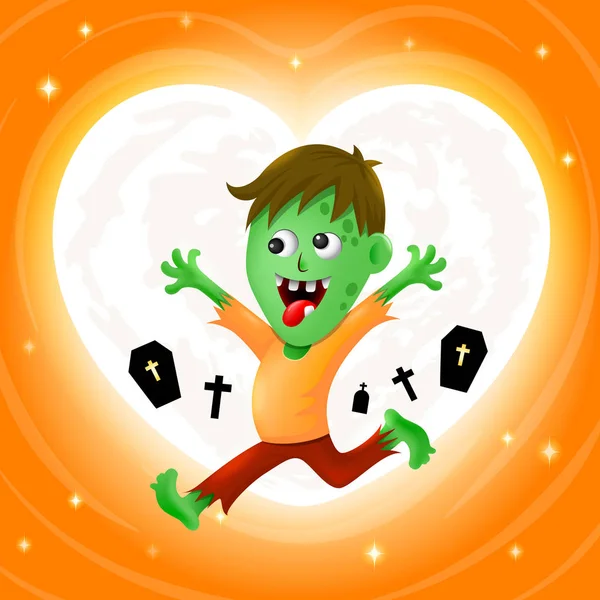 Happy Zombie Med Månen Hjärtat Form Halloween Tecknad Karaktär Design — Stock vektor