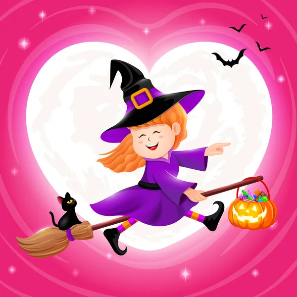 Flying little witch with moon in heart shape. Girl in Halloween costume. Halloween cartoon character design. Illustration on pink background.