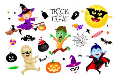 Cadılar Bayramı karikatür tatil kostümleri sevimli çocuklar ile ayarlayın: cadı, saymak dracula, zombi ve mumya. Beyaz backgeound izole İllüstrasyon. Metin Trick veya tedavi ile Halloween poster.
