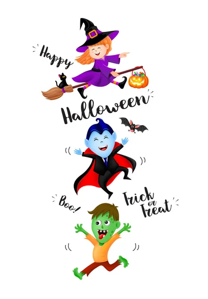 Lindo Diseño Personajes Dibujos Animados Halloween Conde Drácula Bruja Zombi — Vector de stock