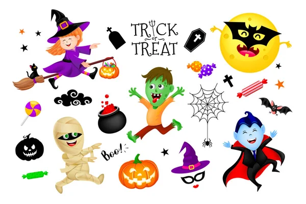 Cadılar Bayramı karikatür tatil kostümleri sevimli çocuklar ile ayarlayın: cadı, saymak dracula, zombi ve mumya. Beyaz backgeound izole İllüstrasyon. Metin Trick veya tedavi ile Halloween poster.