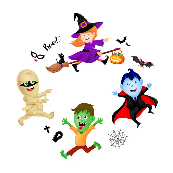 Halloween Cartoon Set Mit Niedlichen Kindern Ferienkostümen Hexe Graf Dracula — Stockvektor