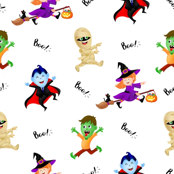 Halloween Cartoon Set Met Schattige Kinderen Vakantie Kostuums Heks Graaf — Stockvector