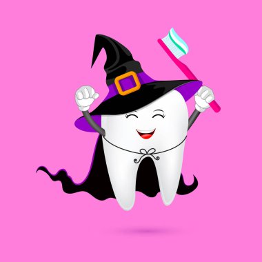 Witch Sevimli karikatür diş karakter tasarımı. Mutlu Cadılar Bayramı konsepti. Posteriniz, afişiniz, tebrik kartınız ve parti davetiniz için çizim.