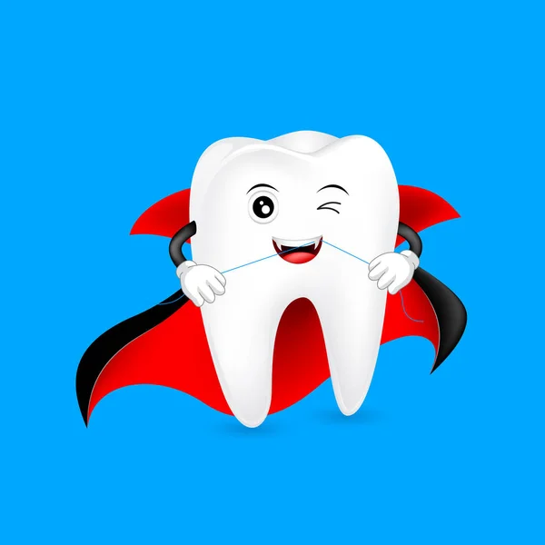 Halloween Desenho Animado Dente Limpeza Por Fio Dental Conte Dracula —  Vetores de Stock