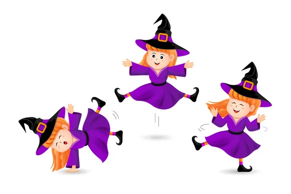 Linda Brujita Tres Actos Diseño Personajes Halloween Feliz Concepto Halloween — Archivo Imágenes Vectoriales