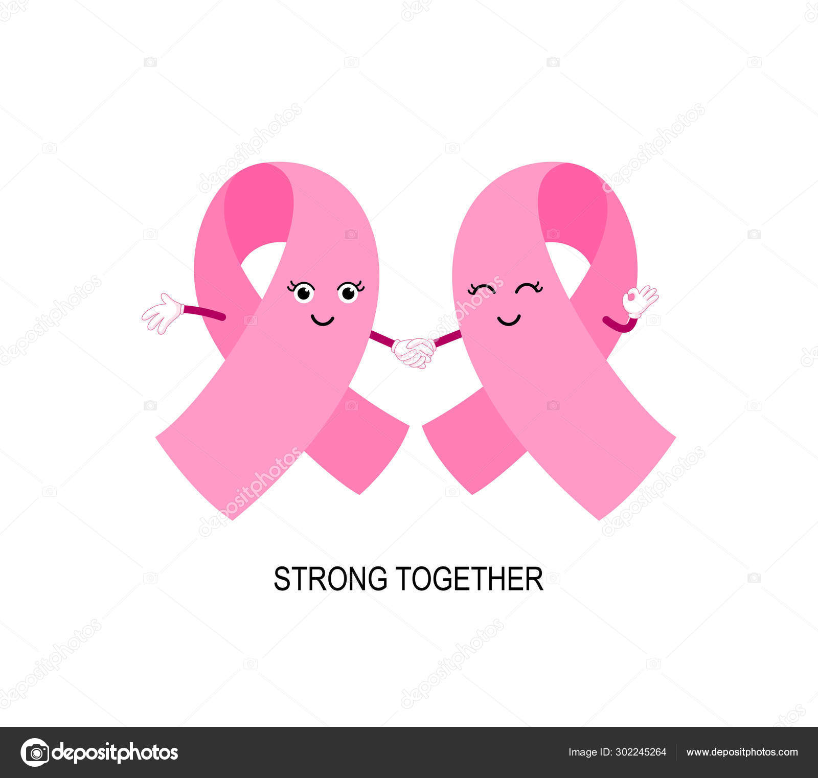 Cartoon Pink Ribbon Character Holding Hands Breast Cancer Awareness