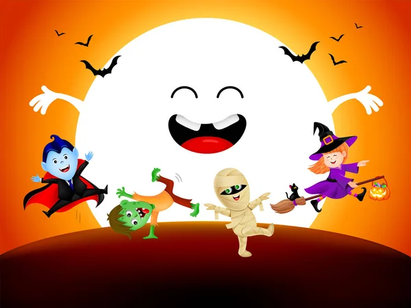 Halloween Zeichentrickfigur Mit Mond Hexe Graf Dracula Zombie Und Mumie — Stockvektor