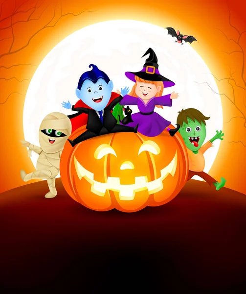 Halloween Conjunto Dibujos Animados Sentado Calabaza Lindos Niños Con Disfraces — Vector de stock