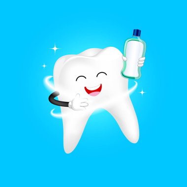 Sevimli karikatür diş karakteri gargara ile taze duygu. Diş bakımı konsepti. mavi arka planda yalıtılmış çizim.