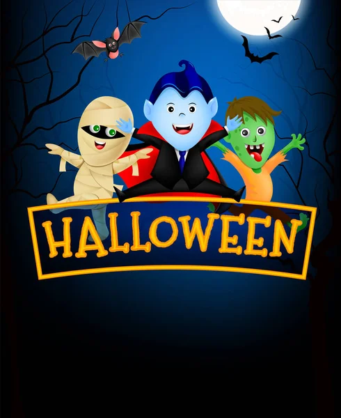 Vicces Aranyos Rajzfilmfigura Drakula Gróf Zombi Múmia Holdfényben Boldog Halloween — Stock Vector