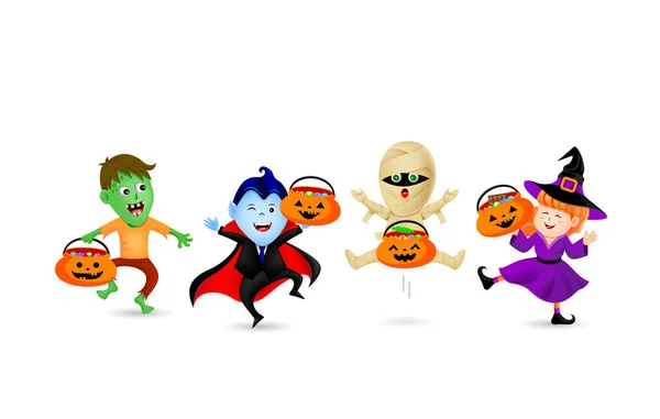 Lindo Diseño Personajes Dibujos Animados Halloween Conde Drácula Bruja Momia — Vector de stock