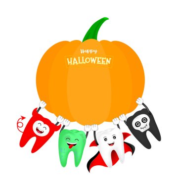 Kabak ile Halloween karikatür diş seti. tatil kostümleri sevimli dişler: şeytan, saymak dracula, zombi ve kafatası. Beyaz arka planda yalıtılmış çizim. 