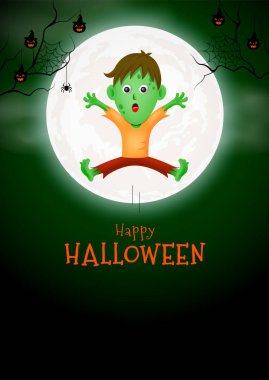 Ay gece arka plan mutlu zombi. Cadılar Bayramı çizgi film karakter tasarımı. Mutlu cadılar bayramı konsepti. Afiş, poster, tebrik kartı, dijital tasarım için İllüstrasyon.