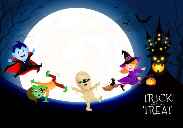 Personaje Dibujos Animados Halloween Ambientado Noche Luna Bruja Conde Drácula — Vector de stock