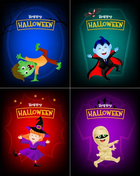 Halloween Cartoon Set Niedliche Kinder Ferienkostümen Hexe Graf Dracula Zombie — Stockvektor