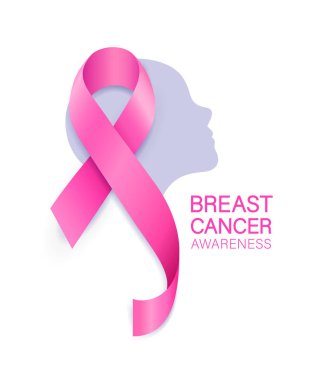 Kadın yüzünde pembe kurdele. Meme Kanseri Farkındalık Ay Kampanyası. Poster, afiş, t-shirt için simge tasarımı. Beyaz arka planda yalıtılmış çizim.