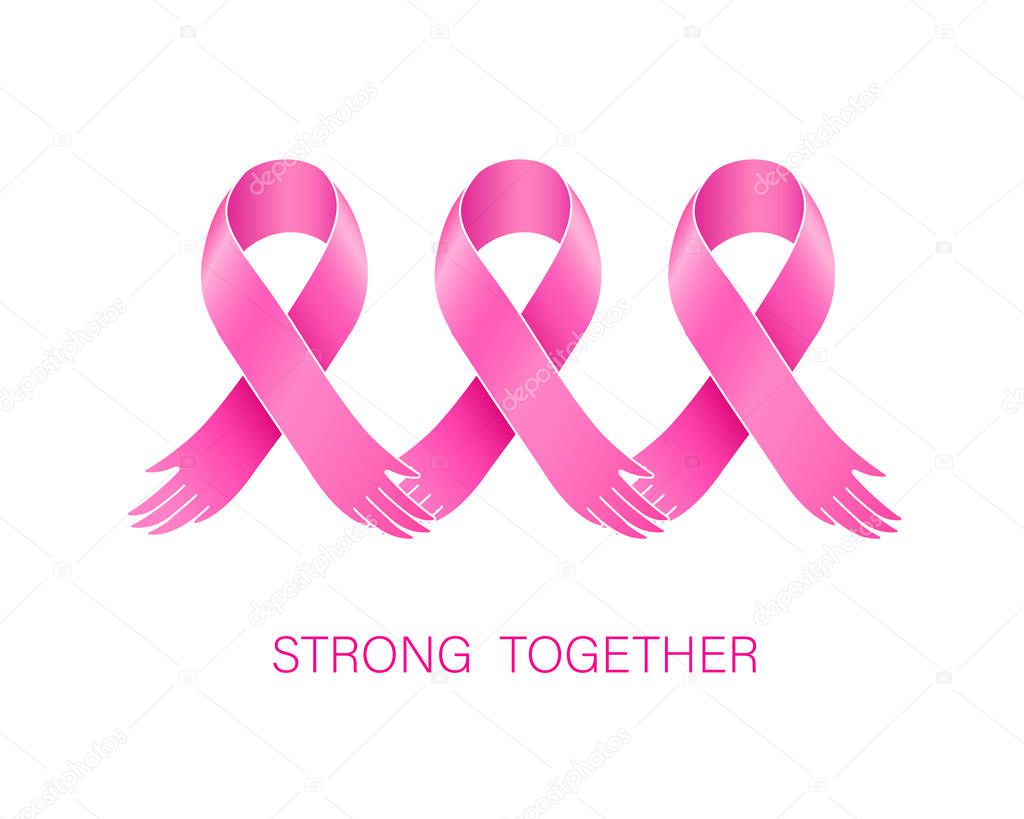 Abstract pink ribbon holding hands. Breast Cancer Awareness Month Campaign. Icon design for poster, banner, t-shirt. Illustration isolated on white background.