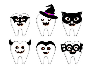 Cadılar Bayramı için komik bir çizgi film karakteri tasarımı. Yarasa, cadı, kara kedi, canavar, Drakula. Mutlu Cadılar Bayramı konsepti. Vektör İllüstrasyonu beyaz arkaplanda izole edildi.