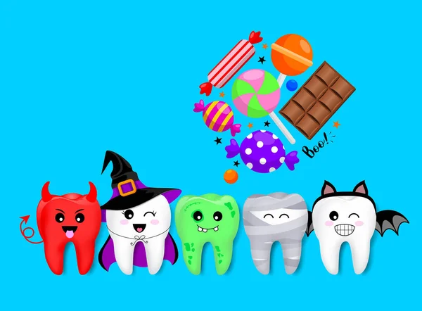 Gruselige Zähne Halloween Kostümen Mit Bonbons Süßes Oder Saures Halloween — Stockvektor