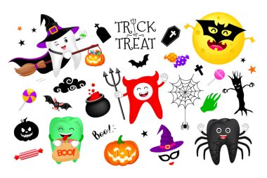 Cadılar bayramı unsurlu komik bir çizgi film karakteri. Resimler beyaz arka planda izole edilmiş. Şaka mı şeker mi konsepti.