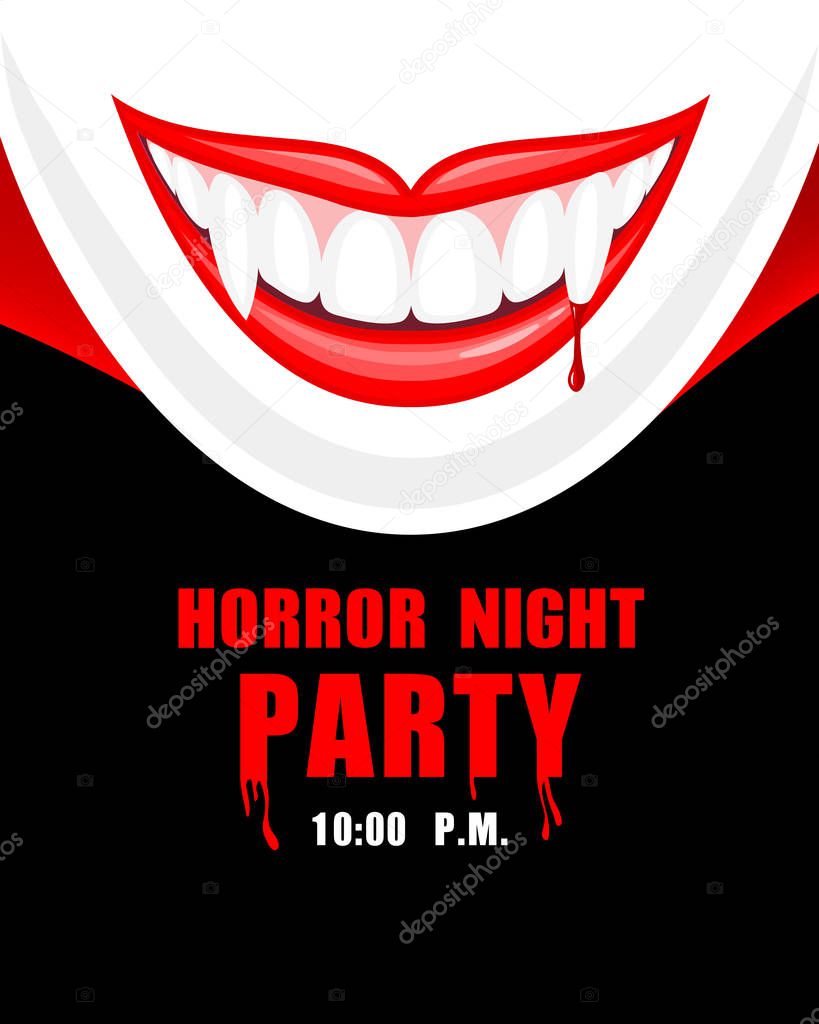 Vampire teeth and blood. Horror night party, halloween concept. Illustration for invitation card, poster, banner.