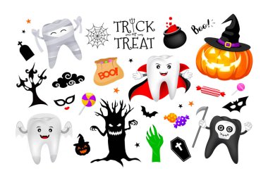 Cadılar bayramı unsurlu komik bir çizgi film karakteri. Resimler beyaz arka planda izole edilmiş. Şaka mı şeker mi konsepti.