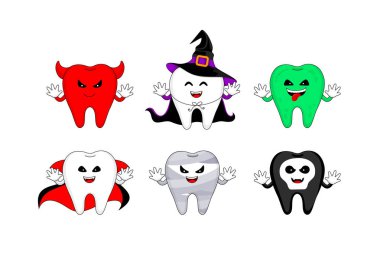 Cadılar Bayramı için komik bir çizgi film karakteri tasarımı. Cadı, şeytan, zombi, kafatası, mumya, Drakula. Mutlu Cadılar Bayramı konsepti. Vektör İllüstrasyonu beyaz arkaplanda izole edildi.