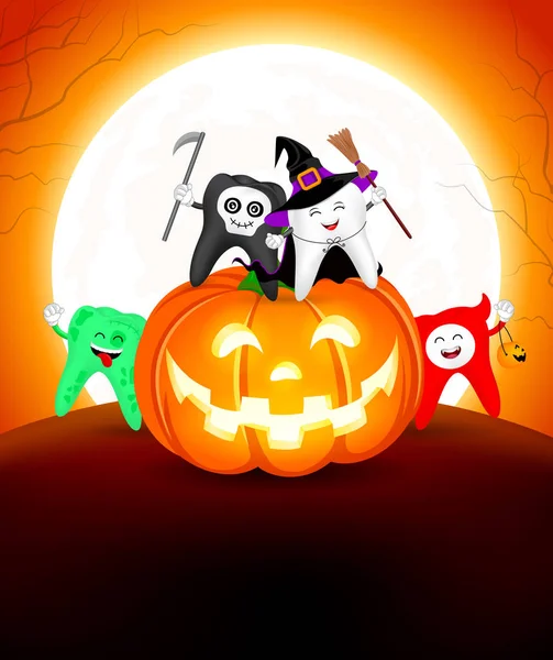 Diente Dibujos Animados Halloween Conjunto Sentado Calabaza Diente Lindo Trajes — Vector de stock