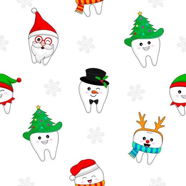 Sada Vánočních Zubních Postav Santa Claus Sněhulák Elf Sobi Bezproblémový — Stockový vektor