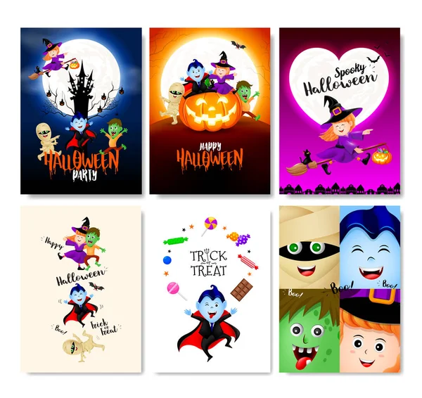 Halloween Karikatúra Karakter Üdvözlő Kártya Szórólap Banner Poszter Sablonok Készlet — Stock Vector