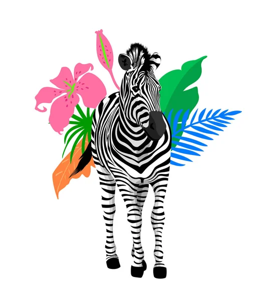 Zebra Com Folhas Tropicais Ilustração Folhagem Selva Tropical Design Praia —  Vetores de Stock