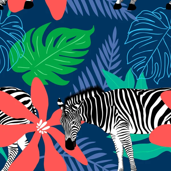 Collage Zeitgenössische Florale Und Zebra Nahtlose Muster Moderne Exotische Dschungelpflanzen — Stockvektor