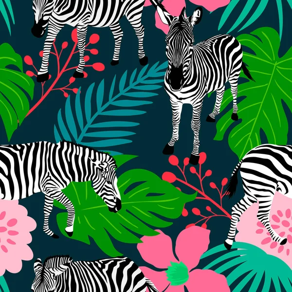 Collage Zeitgenössische Florale Und Zebra Nahtlose Muster Moderne Exotische Dschungelpflanzen — Stockvektor