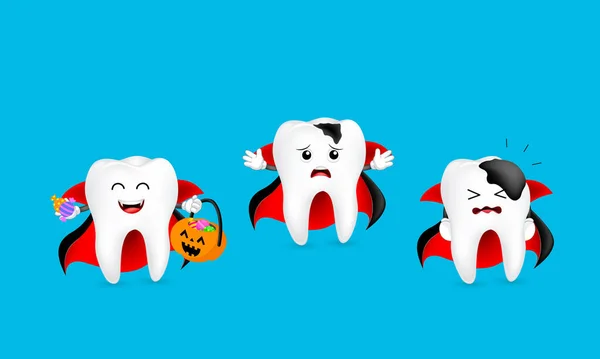 有趣的卡通人物龙的牙齿显示了龋的发展阶段 牙科保健 蓝色背景上孤立的图解 万圣节的概念 — 图库矢量图片