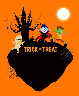 Komik sevimli çizgi film karakteri. Kont Dracula, ay gecesinde zombi ve mumya. Mutlu Cadılar Bayramı konsepti. Pankart, poster ve tebrik kartı için tasarım. Görüntü.