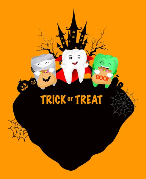 Lustige Niedliche Cartoon Zahnfigur Dracula Mumie Und Zombie Happy Halloween — Stockvektor
