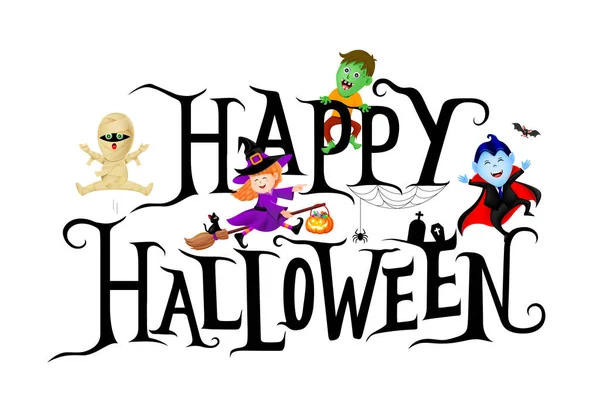 Feliz Diseño Letras Halloween Con Lindo Personaje Dibujos Animados Caligrafía — Vector de stock