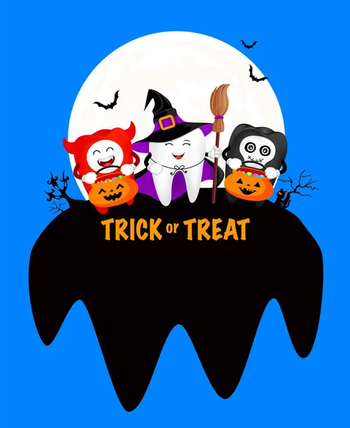 Lustige Niedliche Cartoon Zahnfigur Hexe Teufel Und Totenkopf Happy Halloween — Stockvektor